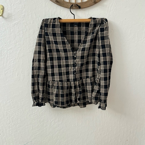 Madewell Plaid Courtyard Metallic Ruffle Hem Peplum Button Blouse XS - Picture 7 of 7